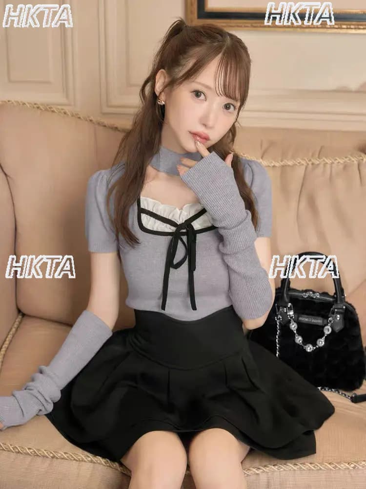 Japanese-style Sweet Girls Niche Cute Bow-tie Pullover Sweater 2026 Spring New with Sleeves and Neck Warmer Knitted Sweater Top
