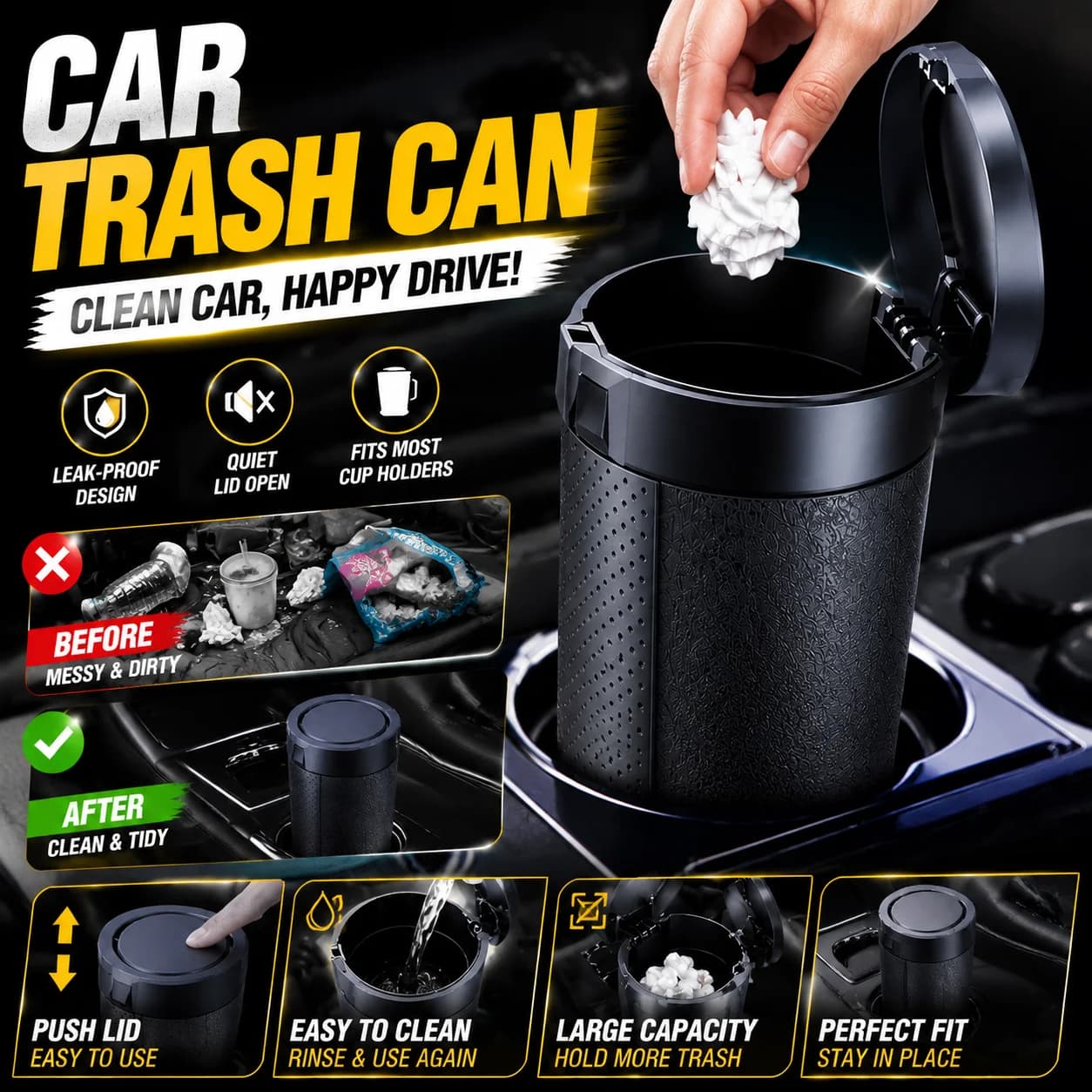 Car Interior Trash Bin Push Lid Design Leak Resistant No Noise Mini Garbage Can Vehicle Travel Waste Storage Organizer Accessory