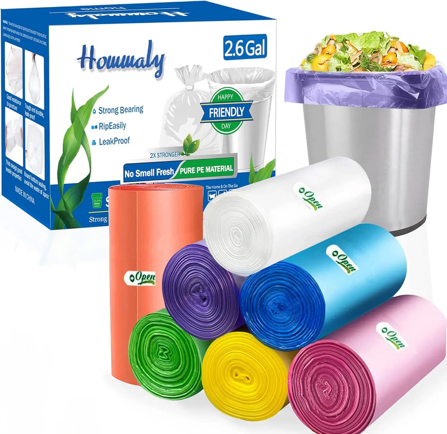 Sacchetti per la Spazzatura Multicolore da 2,6 Galloni, 350 Pezzi, Sacchi Resistenti per Bagno, Casa, Ufficio, Adatti per Cestini da 10 Litri