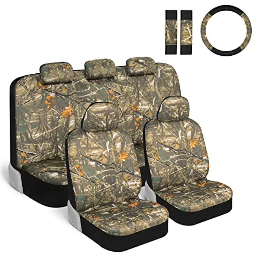 Coprisedili Auto Hunter Camo Set Completo con Coprivolante e Copricinture di Sicurezza, Motivo Mimetico Forestale per Auto