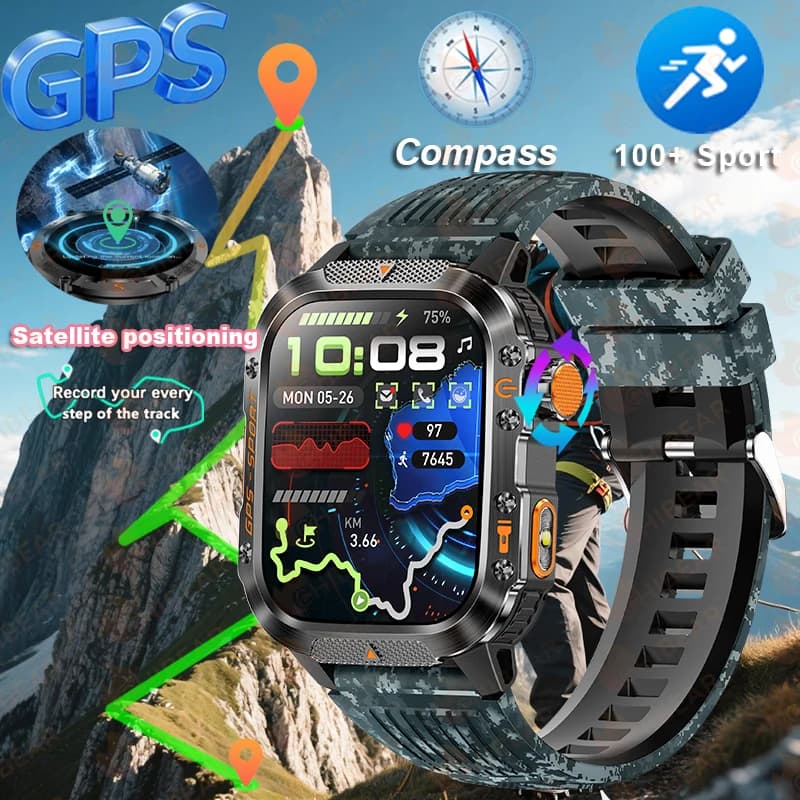 GPS esterno Sport Militare Astuto Della Vigilanza Degli Uomini 3ATM 100+ Sport Fitness Tracker 2.01 "BT Chiamata Con Torcia A LED Smartwatch Uomo