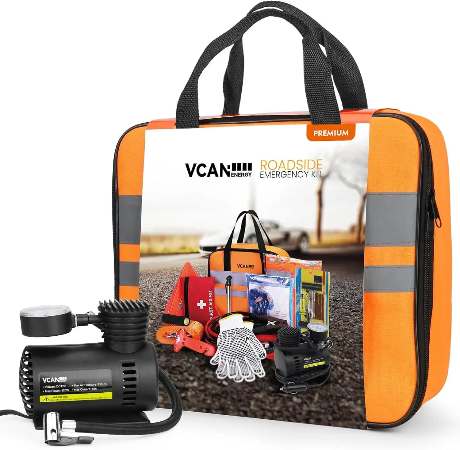 Kit di sicurezza di emergenza per auto portatile con compressore d'aria, cavi jumper, elementi essenziali di primo soccorso per l'assistenza alla strada
