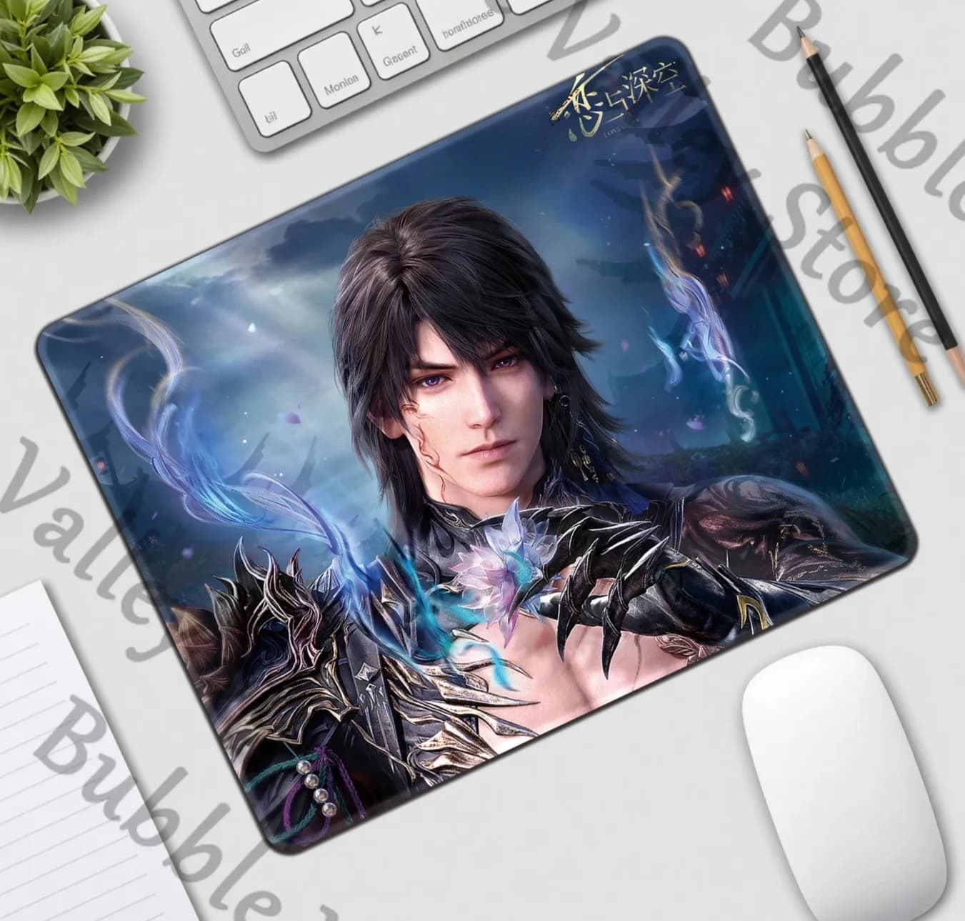 Tappetino per mouse quadrato Love and Deepspace Anime Caleb Twin Lotus Cosplay con poggiapolsi, tappetino per mouse impermeabile a tema cartone animato, tappetino da gioco da scrivania, regalo