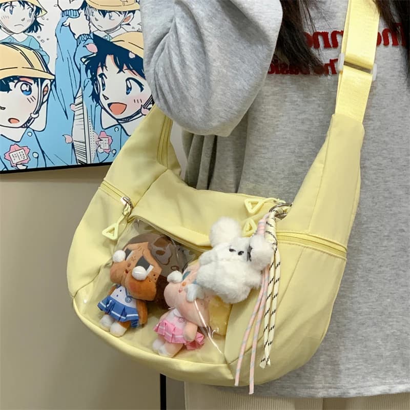 Cute Pastel Pink Crossbody Bag Transparent Pocket Anime Merch Display Bag with Plush Charm Casual Daily Shoulder Bag for Women
