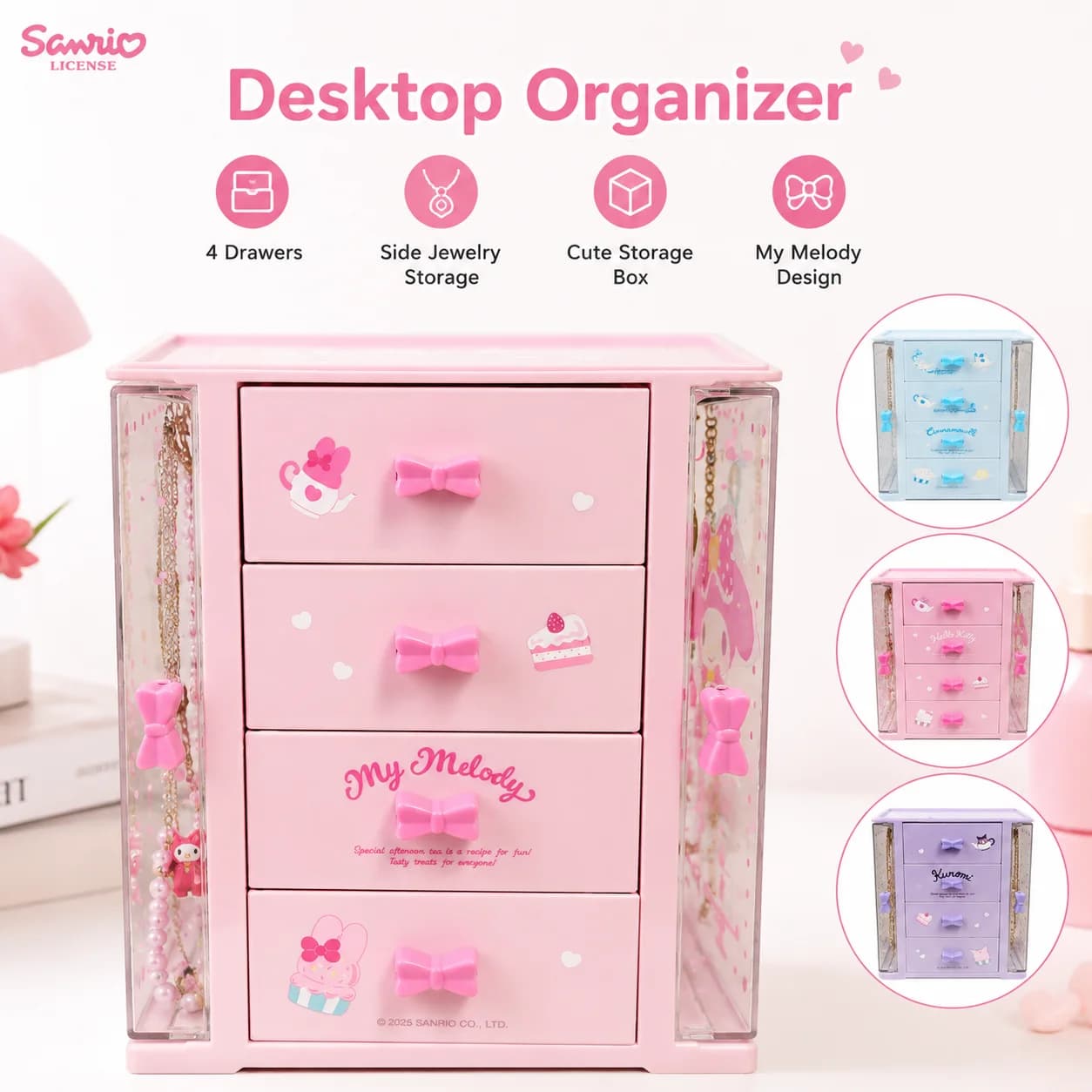Kawaii Sanrio 4 Drawer Desktop Storage Cabinet My Melody Jewelry Trinket Organizer Box Plastic Cosmetic Small Accessories Drawer