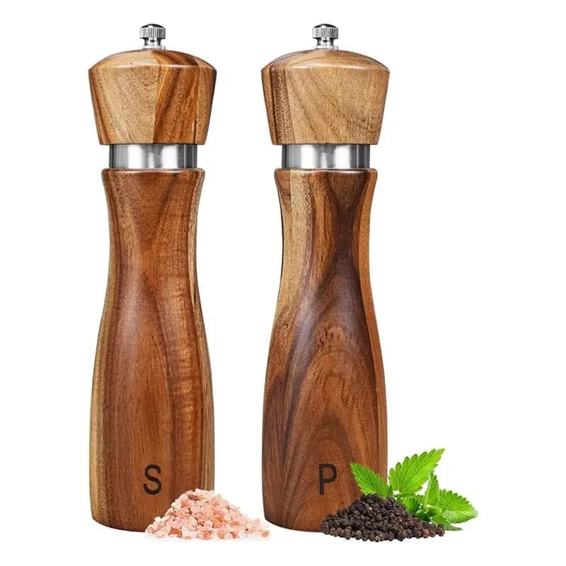 Set di 2 macinapepe e macinasale in legno di acacia AT14 con meccanismo regolabile, macinini ricaricabili per spezie fini o grossi