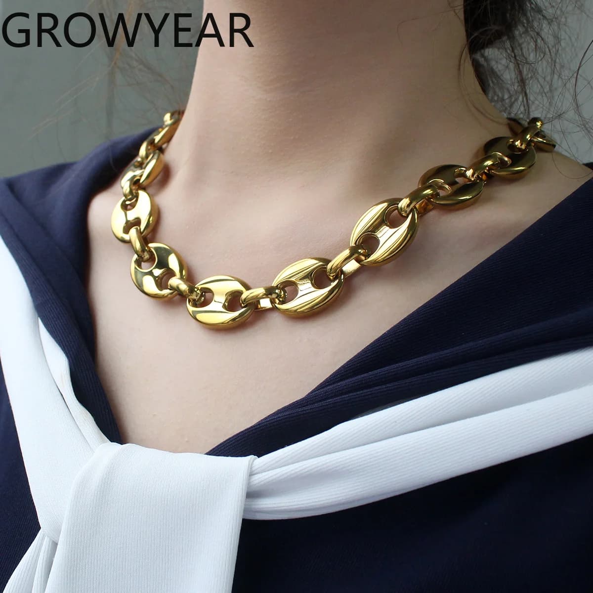 PVD18K Gold Plated Coffee Bean Link Chain Charm Necklace Statement Stainless Steel Pig Nose Chunky Necklaces Banquet Jewelry