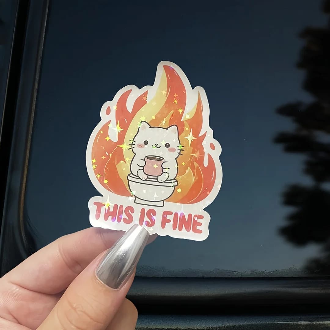 Cute cartoon cat sticker with "This is normal" text and flame design suitable for decorating water bottles and laptops