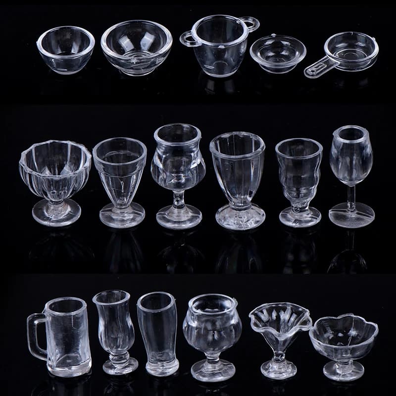 17Pcs 1:12 Dollhouse Miniature Transparent Tableware DIY Kitchenware Set Plastic Clear Dinnerware Toys for Doll House Decor