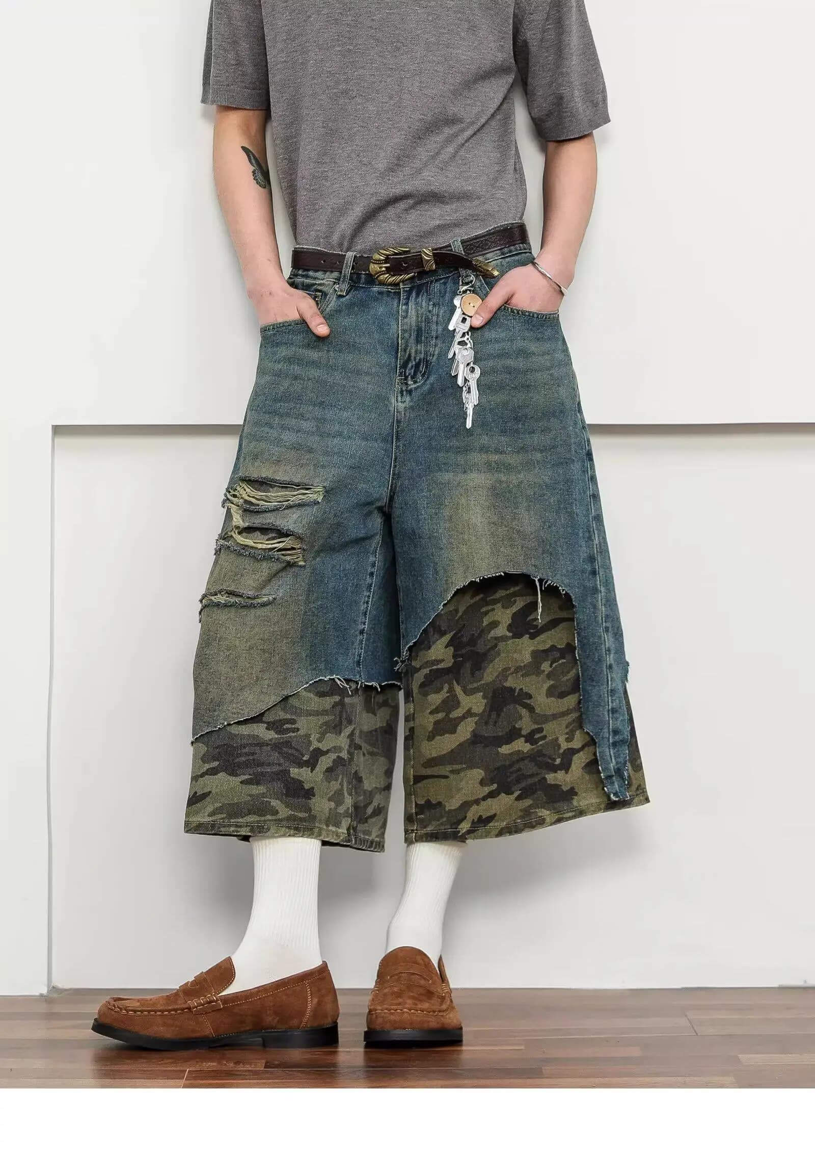 Jeans effect worn patchwork men's short length casual denim pants summer fit wide Capri Jeans men's