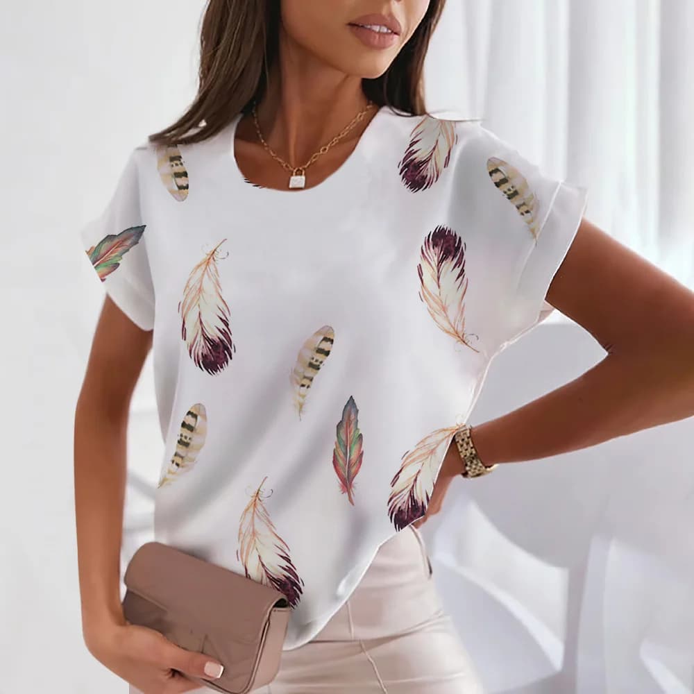 T-shirt da donna 3d Feather Print top con scollo a v estate New Simple Harajuku a maniche corte moda allentata top da donna di grandi dimensioni