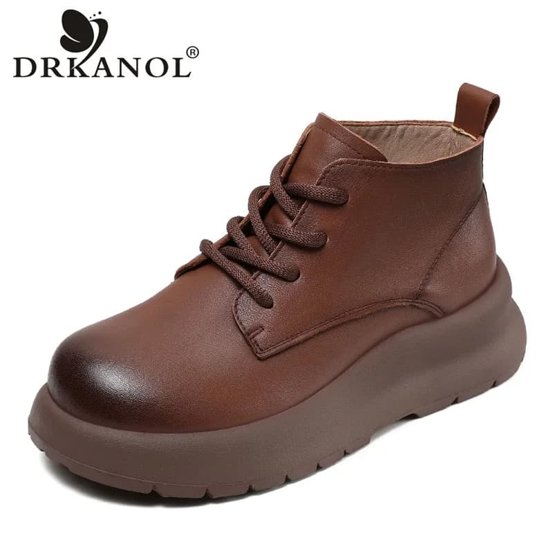 DRKANOL Stivali da donna in vera pelle con plateau grosso zeppe tacco punta tonda stivaletti per donna scarpe invernali calde taglia grande 35-43