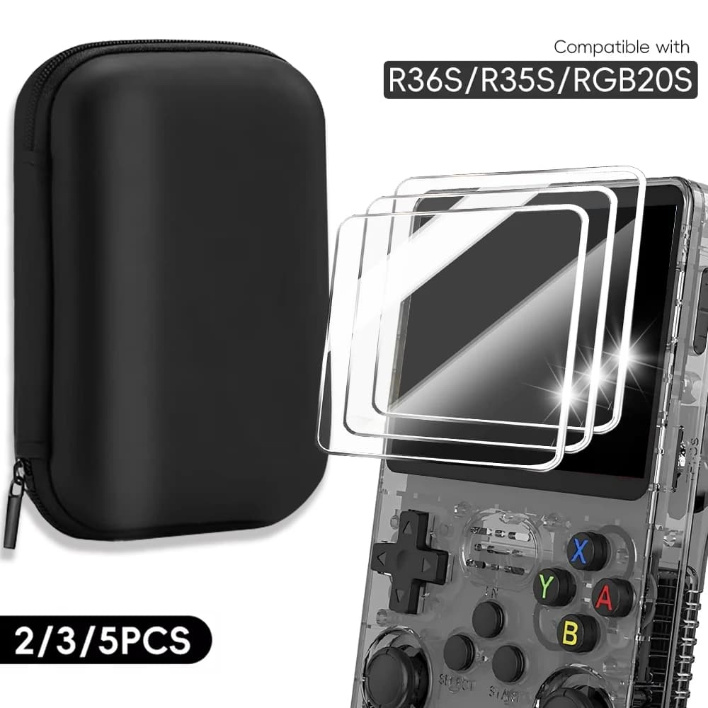 Screen protector + portable transport case for R36S portable console case and scratch-resistant tempered glass for R36S accessories