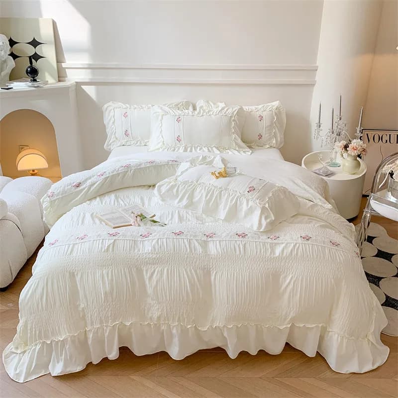 Copripiumino con bordo in pizzo ricamato a fiori, lenzuolo e federe, stile francese chic, soffice, 4 pezzi, leggero e confortevole