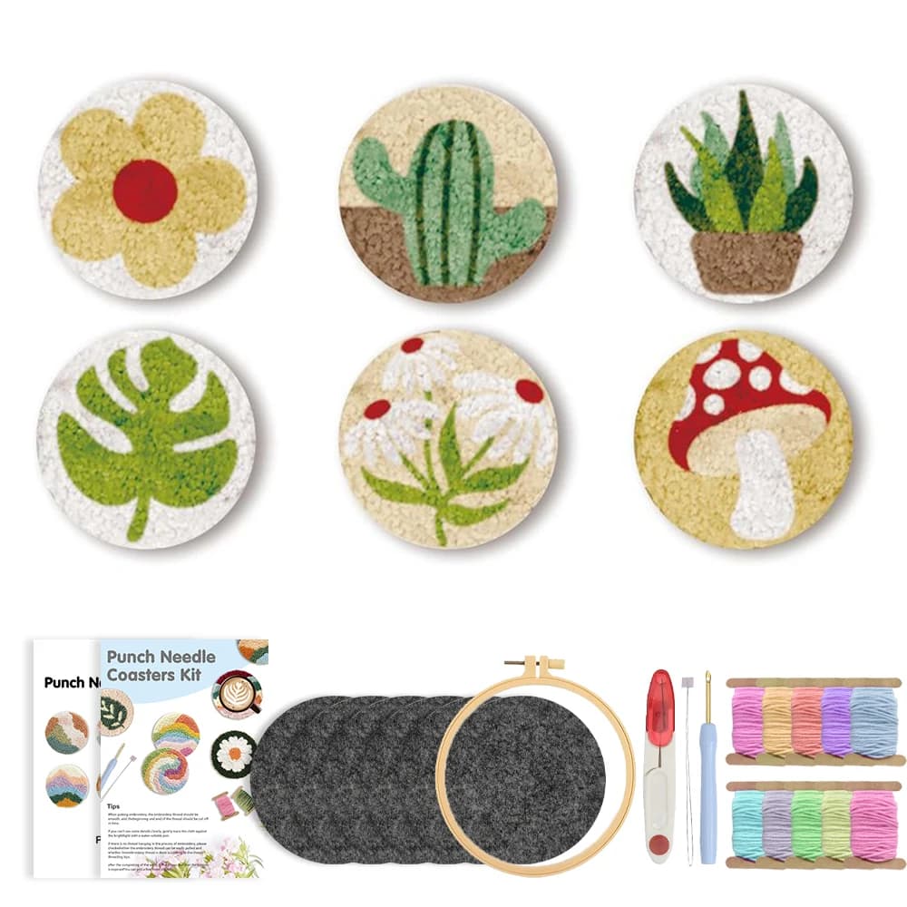 6Pcs Plant Pattern Punch Needle Coaster Kit For Beginners Handmade Embroidery Set DIY Craft Round Cup Mat Drink Coasters Gift