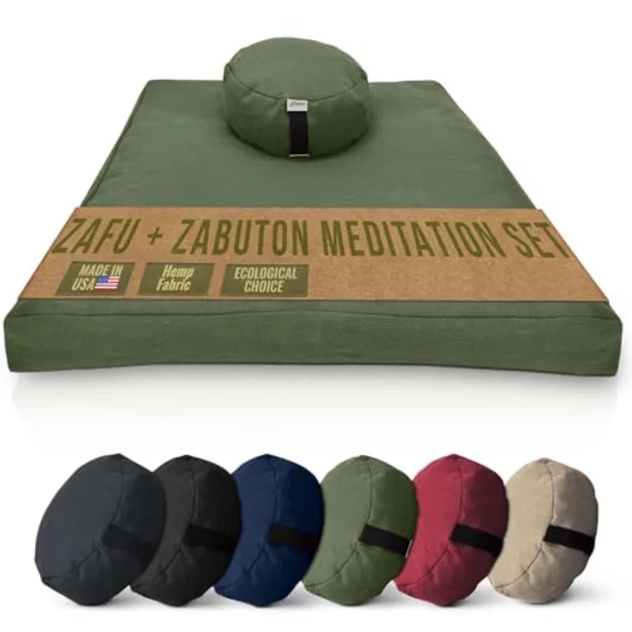 Meditation Cushion Mat Set HEMP - Round Zafu Floor Pillow Organic Buckwheat Pillow + Cotton Filled Zabuton Prayer Pad - Meditat