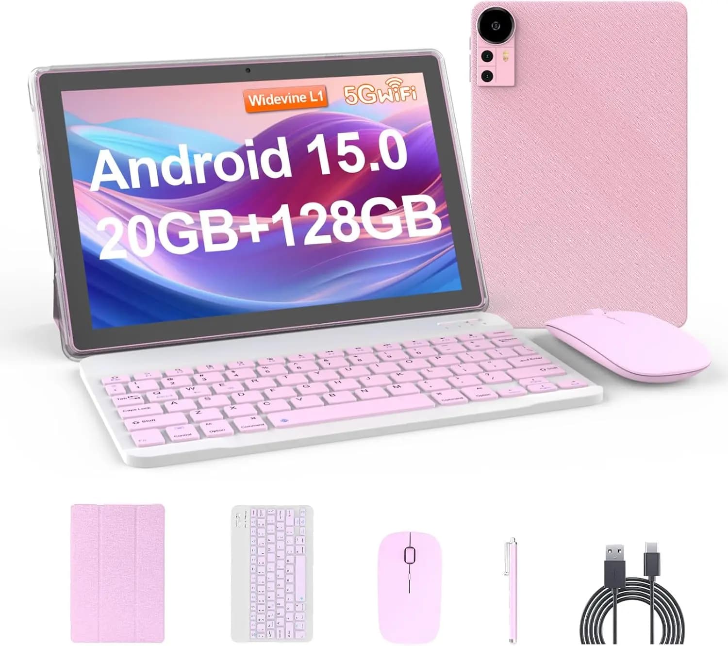 Tablet Android da 10.1 pollici, 20GB RAM+128GB ROM, 6000mAh, Display IPS HD, Tastiera+Mouse+Custodia+Stilo (Rosa)