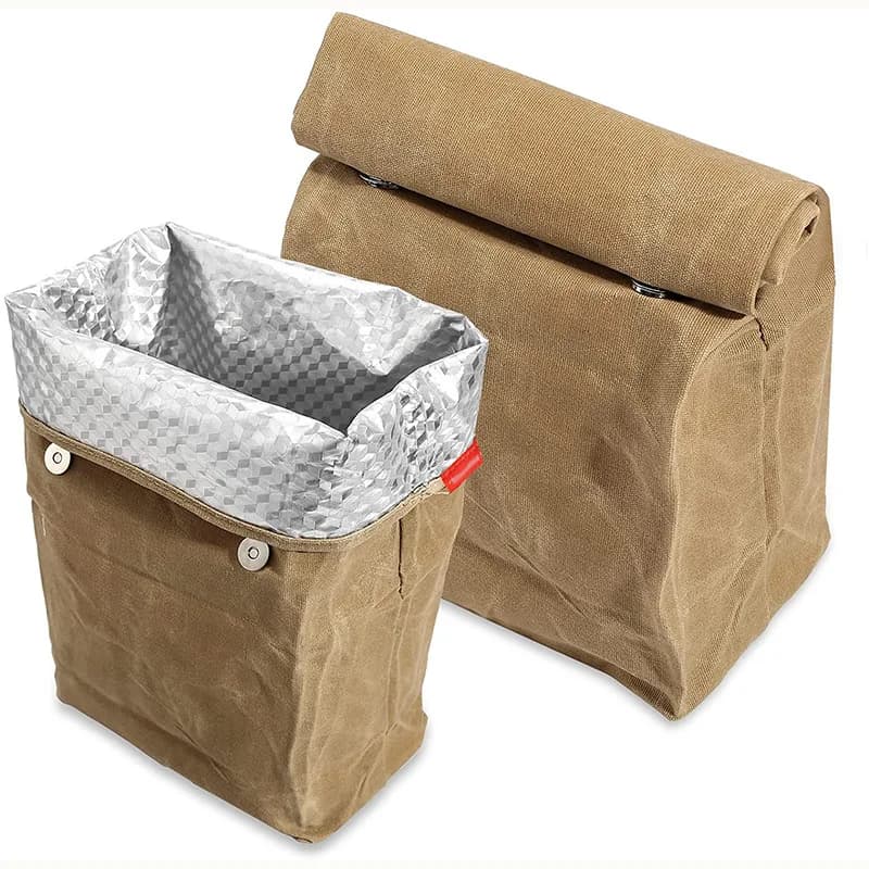 Waxed Canvas Lunch Bag, Reusable Insulated Lunch Tote, Foldable Thermal Bento Bag for Outdoor Camping, Hiking, Work