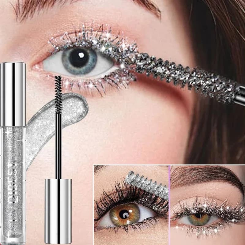Mascara QIBEST with Silver Glitter, Gold and Purple, Fast drying, Long life, Waterproof, Moisturizing, Shining, Mascara Fashion Diamond