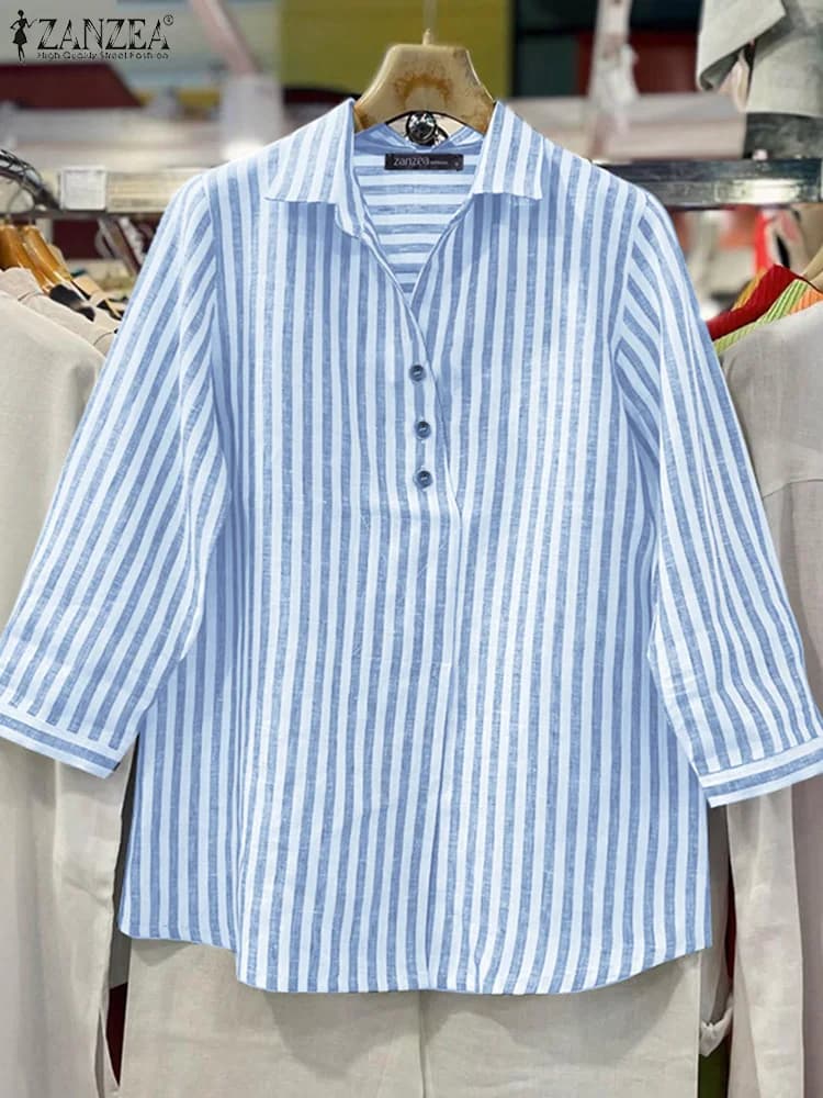 2025 ZANZEA Autunno Ufficio Camicie a righe Moda Donna Camicette Risvolto Collo Manica 3/4 Blusas Bottoni casual Top Chemise allentato