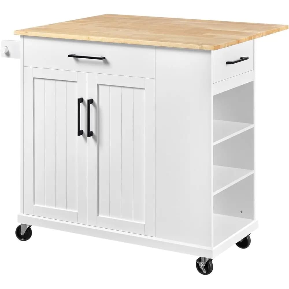 Carrello da Cucina Portatile Bianco con Piano Ribaltabile, Armadietto, Ripiani Aperti, Portasciugamani Rimovibile e 2 Cassetti