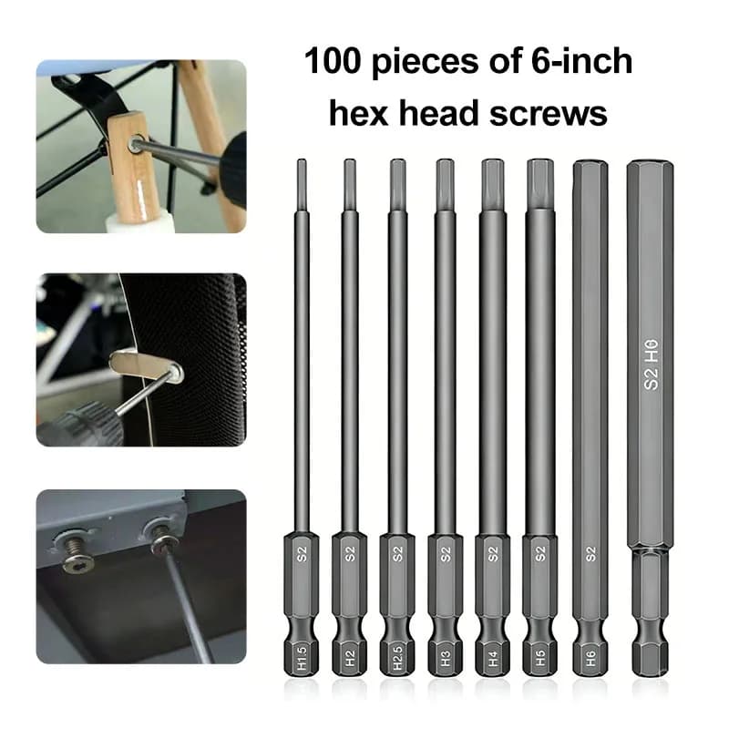 Set di 8 Punte Esagonali per Cacciavite, Lunghezza 100mm, in Acciaio Legato S2, Magnetiche, Accessorio per Utensili Elettrici H1.5-H8