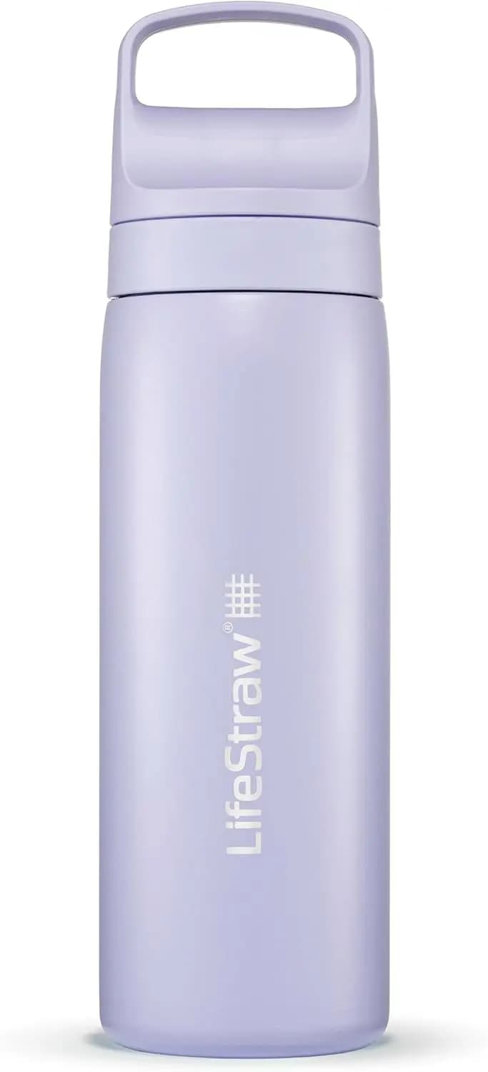 Stainless Steel Insulated Water Bottle with Travel Filter, Removes Batteries, Parasites and Microplastics, Improves Taste, 18oz Purple