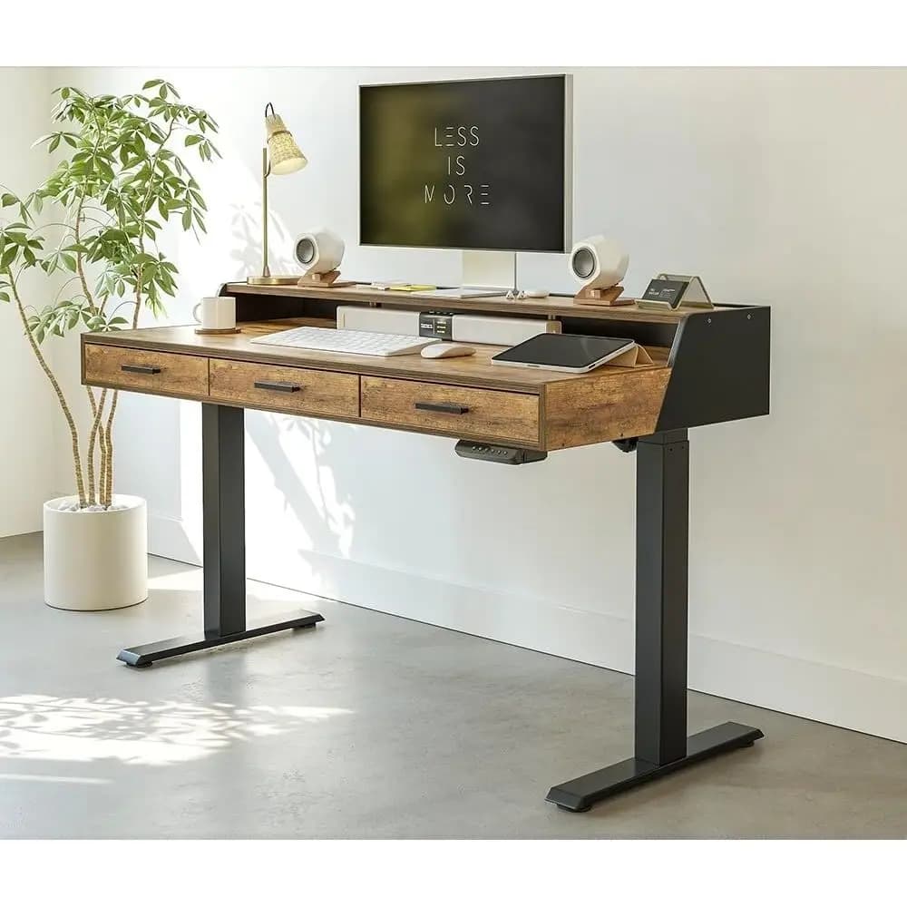 Scrivania Ergonomica Elettrica Sit-Stand, 48x26 Marrone Rustico, con 3 Ripiani e Supporto per Monitor