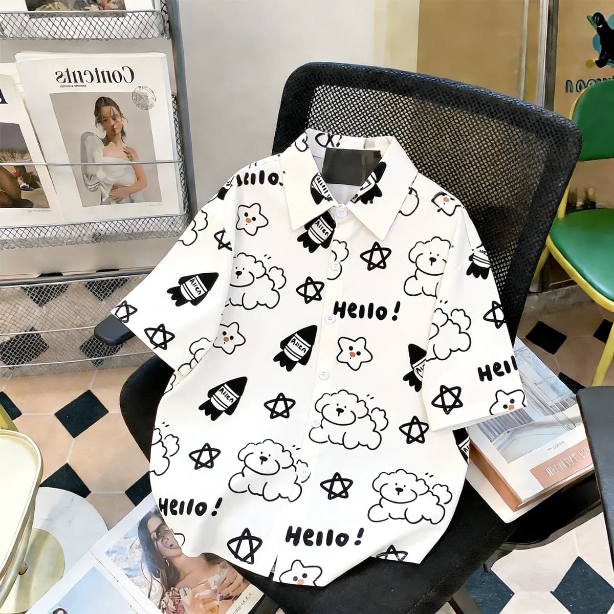 Summer Casual Loose Women's Short Sleeve Shirt Dog Print BF Style Couple Match Polyester Fiber Collar Button down Coat