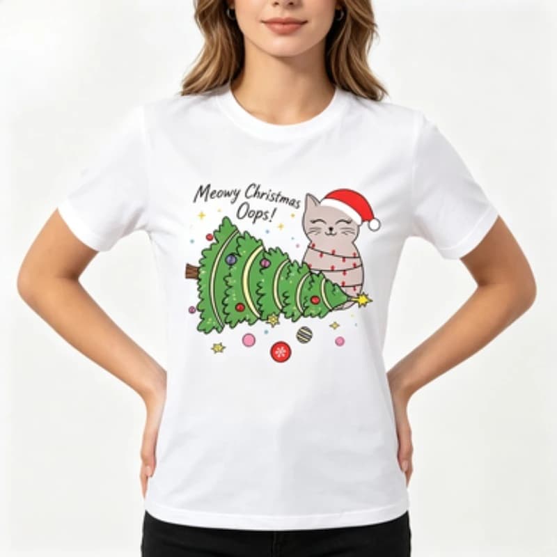 Women Round Neck Tee Cute Santa Hat Cat Fallen Christmas Tree Graphic Printed Holiday Casual Short Sleeve Women Casual Daily Tee