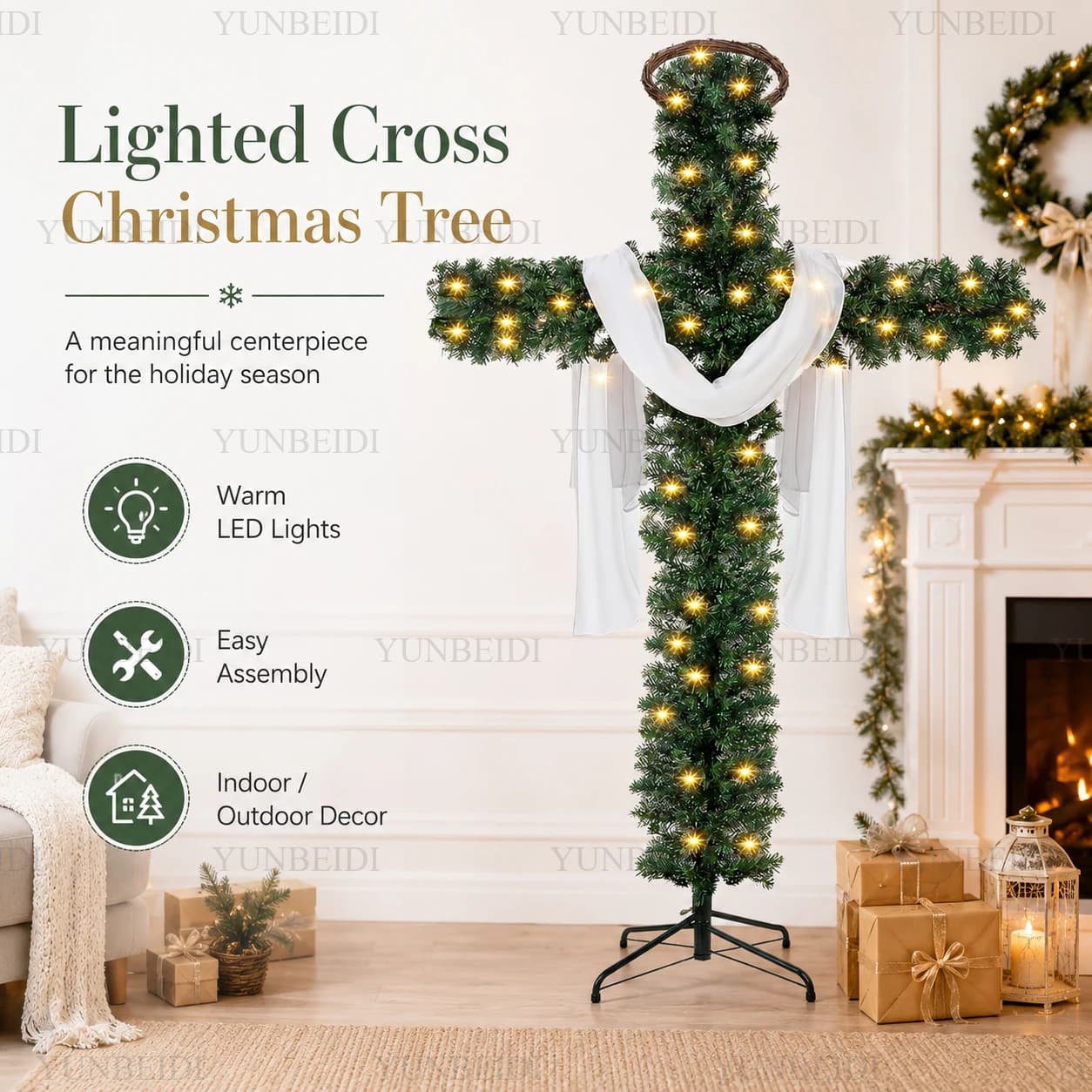 150/180cm Cross Shaped Christmas Tree Pre Lit Warm LED Lights Artificial PVC Xmas Tree Religious Holiday Home Outdoor Decoration