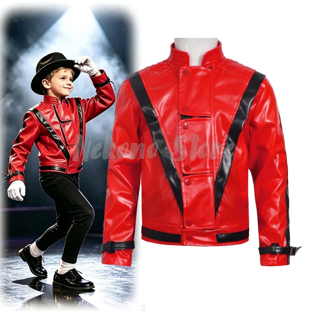 Michael Jackson Thriller Scary Costume Red Leather Jacket for Women Men Teen Halloween Retro Bomber Baseball Coat For Carnival