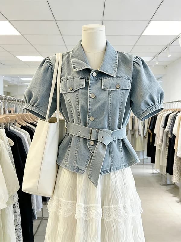 Large Size Elegant Lace Trim Denim Shirt Women's Cake Skirt Two Piece Set Offline Store Fashionable Commute Style Summer Outfit