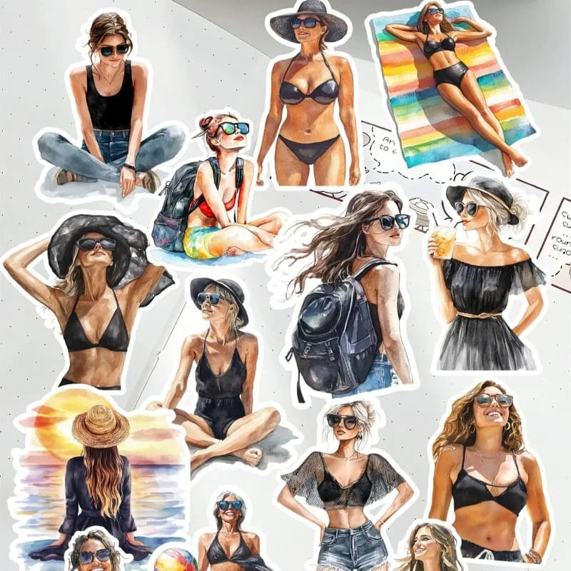 17 pezzi di acquerello carino alla moda personaggio femminile vacanza al mare adesivo decorazione notebook pianificatore scrapbooking/fai da te carino