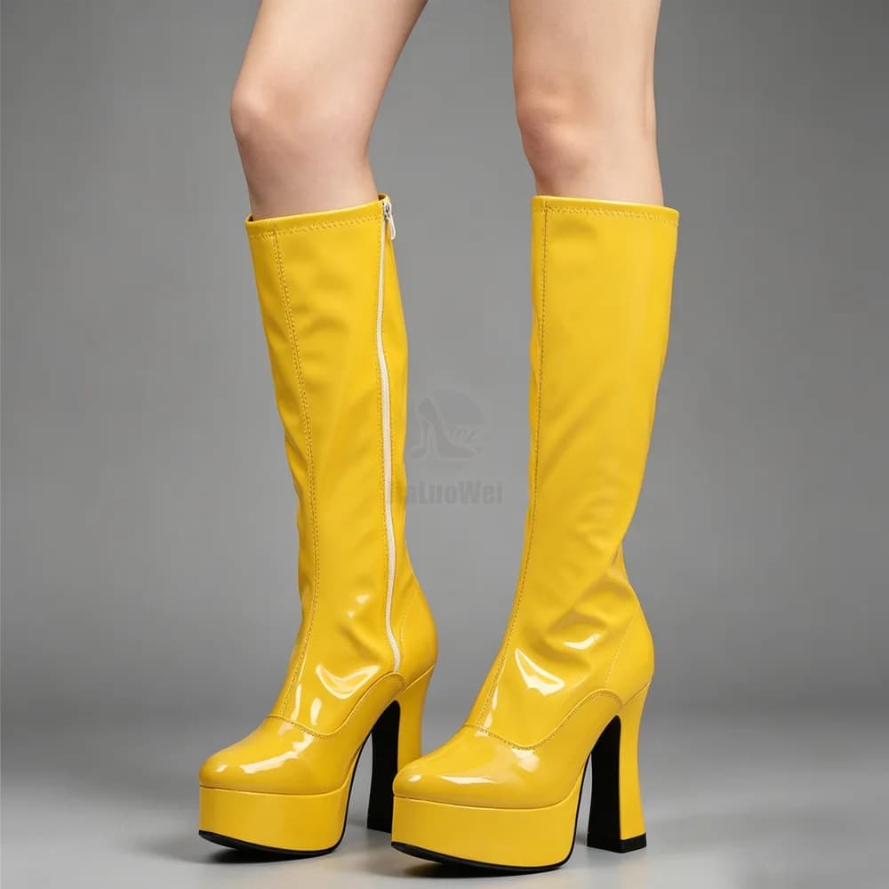 JIALUOWEI New Fashion Women FUNTASMA 4 "piattaforma tacco grosso GOGO Boot stivali alti al ginocchio scarpe in pelle sexy stile occidentale