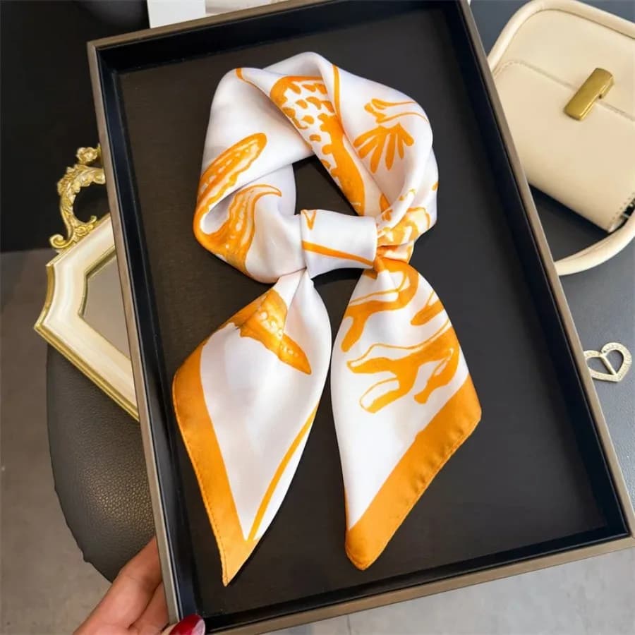 NEW Orange Silk Scarf Mermaid Pattern Neckerchief Women's Luxury Silk Square Shawl Purse Scarf for Women Designer Silk Headscar