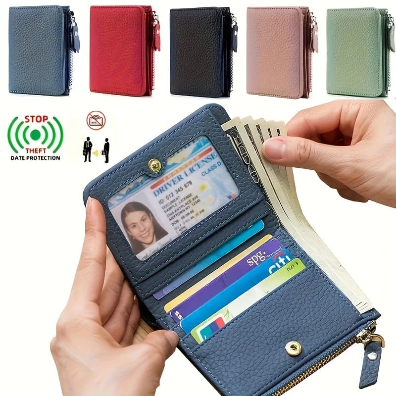 Portafoglio corto sottile da donna in vera pelle Portafoglio bi-fold con blocco RFID Porta carte di credito Portafoglio con fermasoldi Tasca portamonete con cerniera