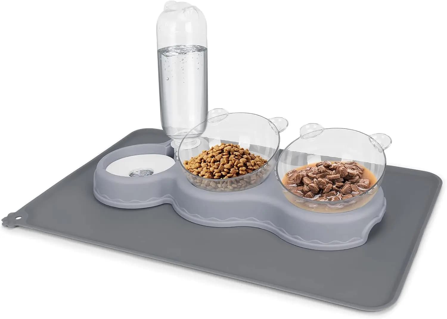 Ciotole Triple per Gatti per Cibo e Acqua, Ciotole Rialzate in Plastica con Bottiglia d'Acqua Automatica e Tappetino Impermeabile, Alimentatore 3 in 1 per Cibo Umido/Secco