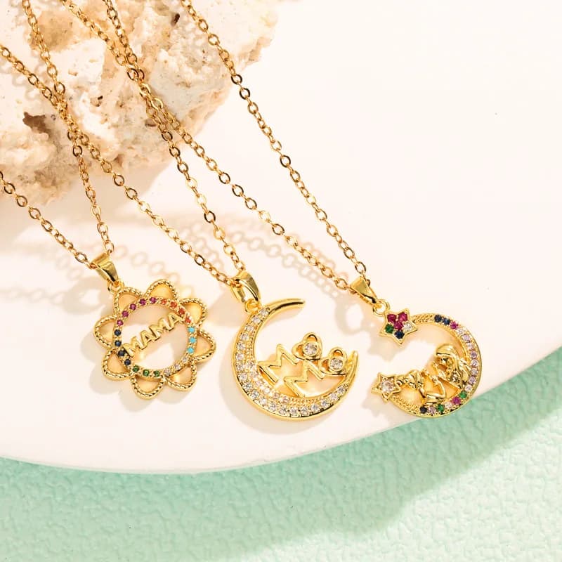 2026 New Star Moon Geometric Letter Pendant Necklace for Women with Colorful Zirconia Mother's Day Sweet Clavicle Chain