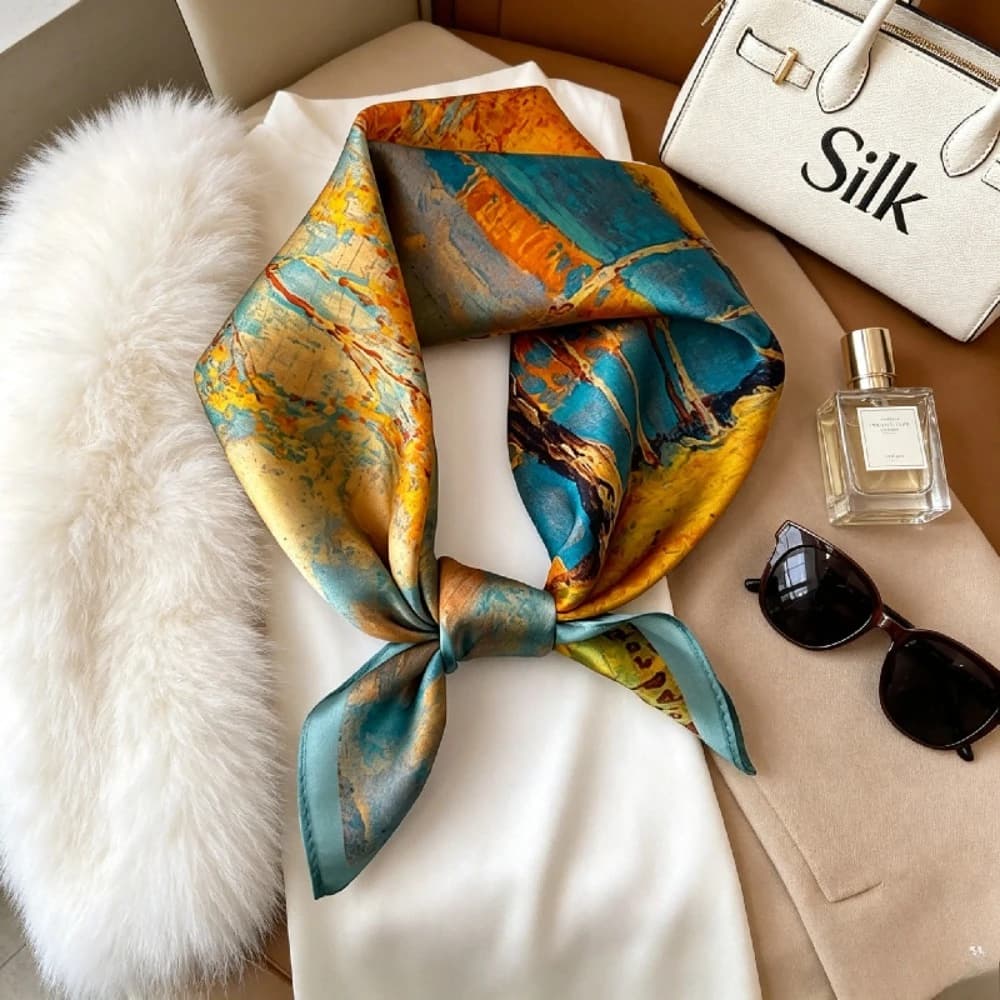 Mulberry Silk Scarf Small Square Scarf Women's Thin Sunshade Versatile Silk Scarf Green Oil Painting Series Korean Small Scarf
