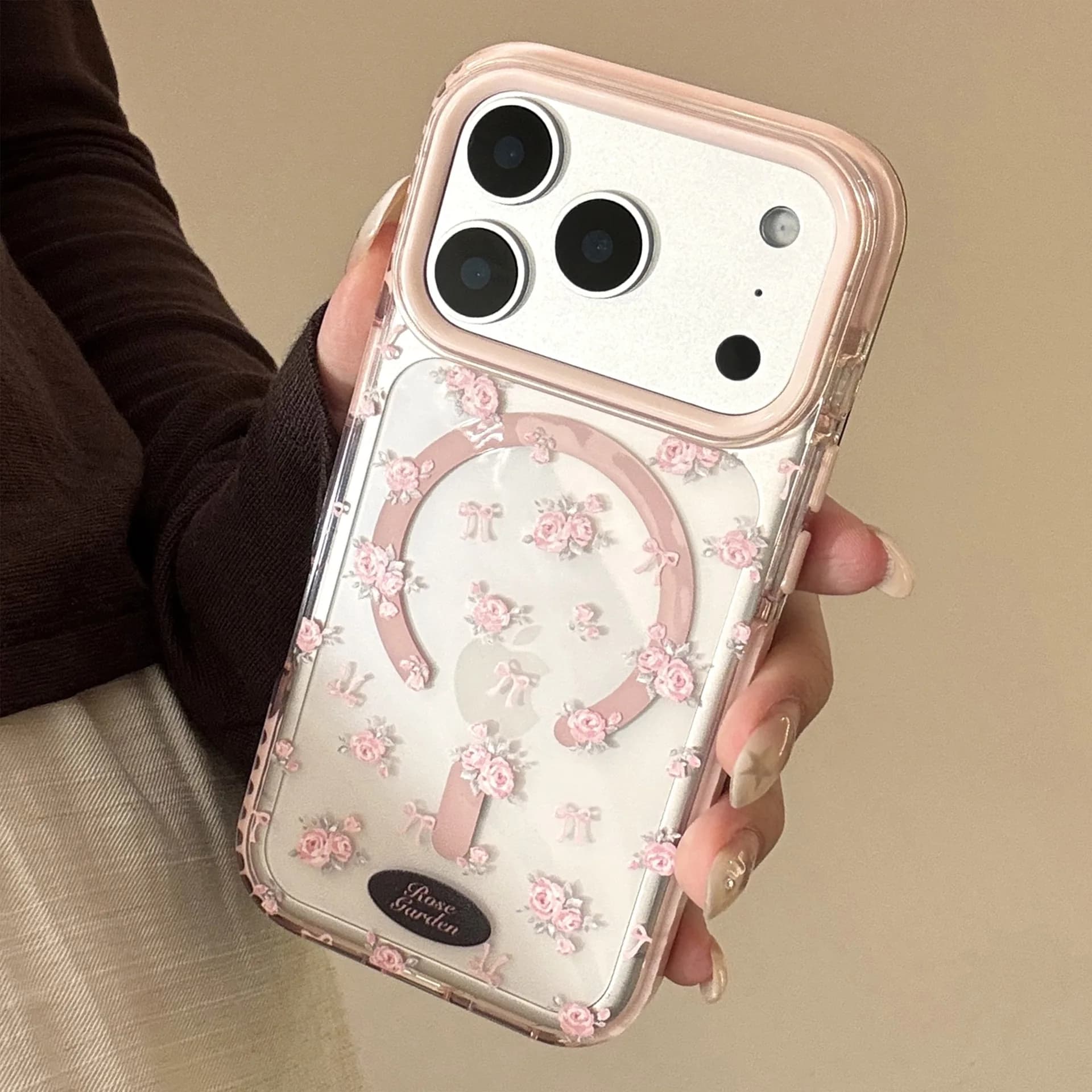 Phone protective case with transparent magnetic wireless charging with beautiful pink rose flowers for iPhone 17 16 15 14 13 12 Pro Max