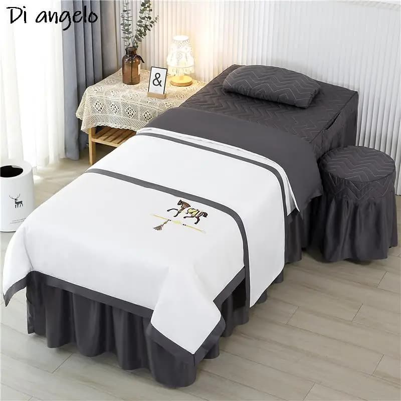 Custom Size Logo 4-7PCS Embroidery Beauty Salon Bedding Set Bed Linen Sheet Massage Spa Bedskirt Stoolcover Pillow Quilt Cover#s
