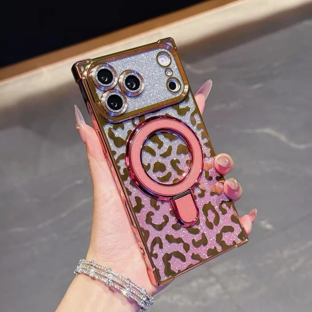Custodia Magnetica Lusso Placcata con Stampa Leopardata Glitterata per iPhone 17 Pro Max 16 15 Plus 14 Pro Max, Compatibile con MagSafe, Antiurto