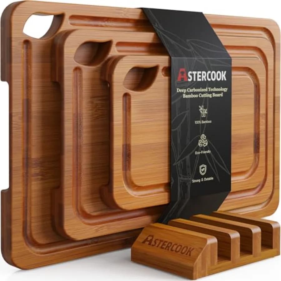 Deep-Carbonized Bamboo Cutting Boards for Kitchen with Wood Storage Stand Reversible Charcuterie and Chopping Boards with Juice