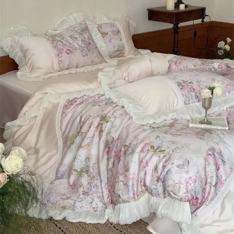 Set Princess Bed Linen in Egyptian Cotton 1000TC with Floral Print and Lace Edge with Volant, Copripiumino, Flat Bed Sheet/With Corners, 4 Pieces