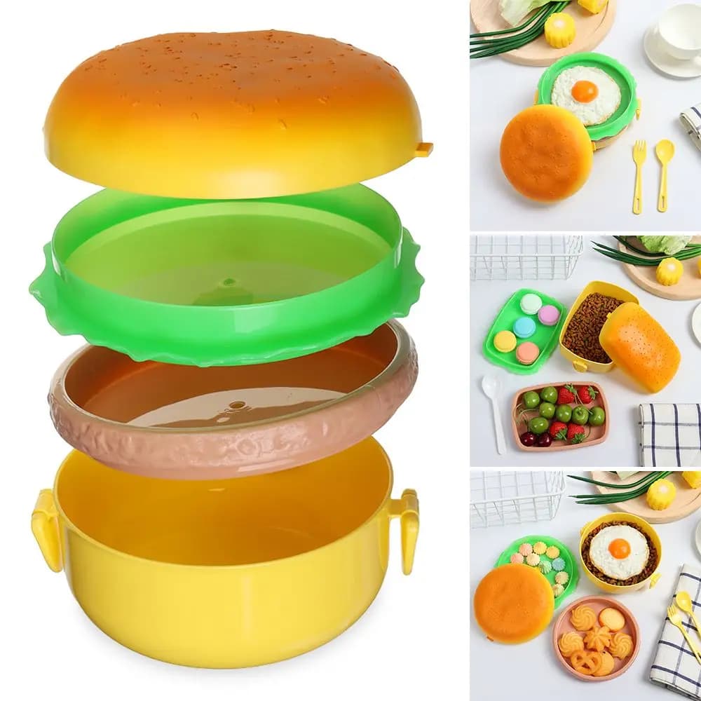 Simpatica scatola per il pranzo per hamburger, doppio livello, per hamburger, Bento, per bambini, per la scuola, contenitore per alimenti, set di stoviglie con forchetta, utensile da cucina
