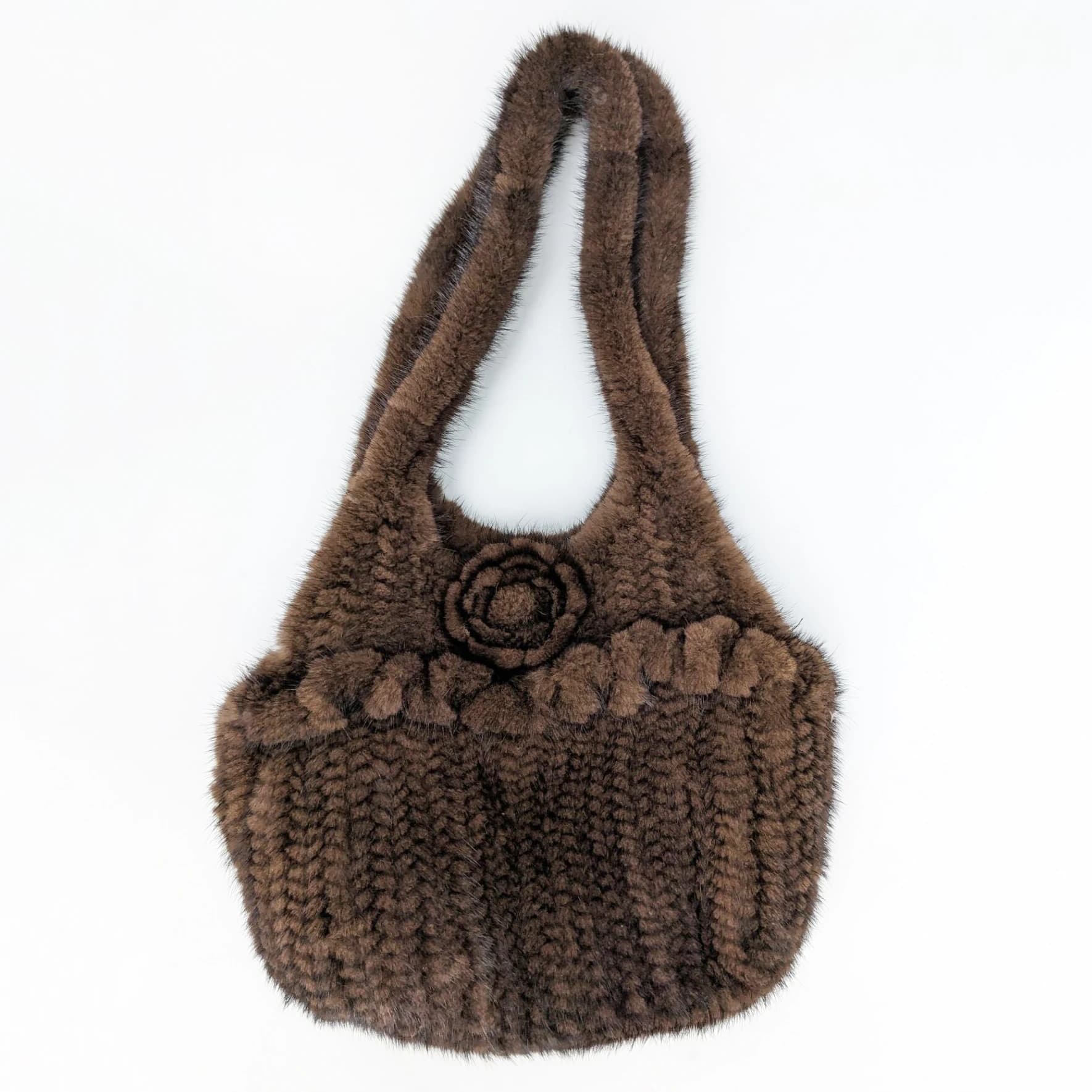 Borsa a maglia in vera pelliccia di visone, moda pelosa, lussuosa con fiore classico 230827