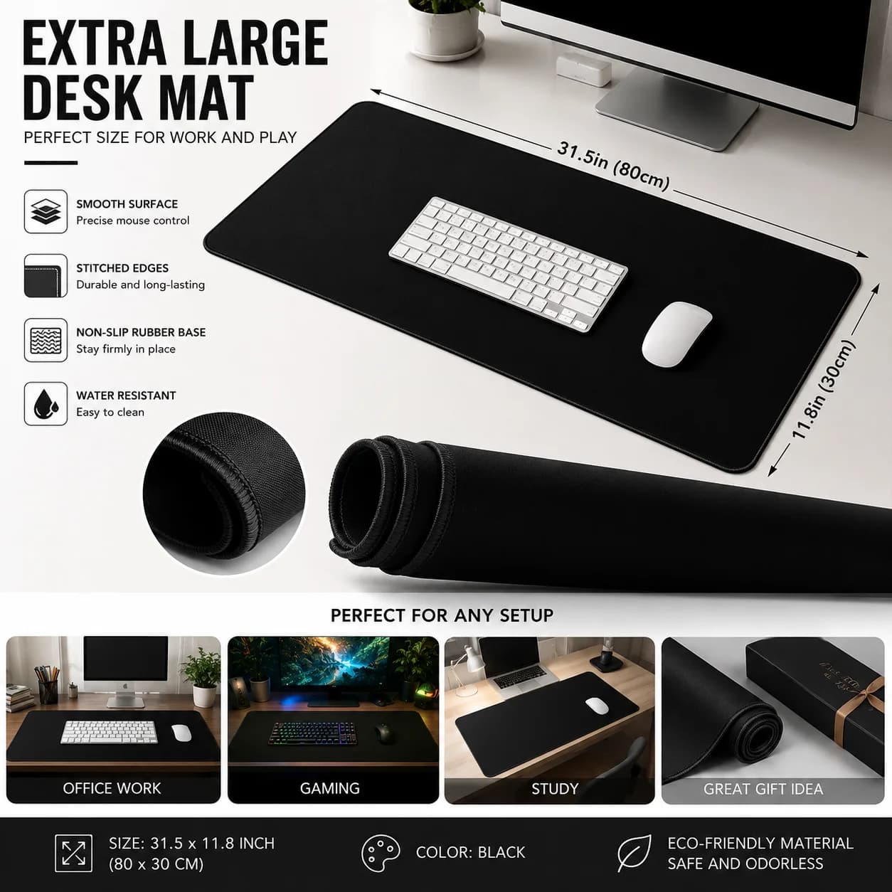 Black Large Gaming Mouse Pad Extended Desk Mat with Stitched Edge Non-Slip Rubber Base Waterproof for PC Laptop Office Home Use