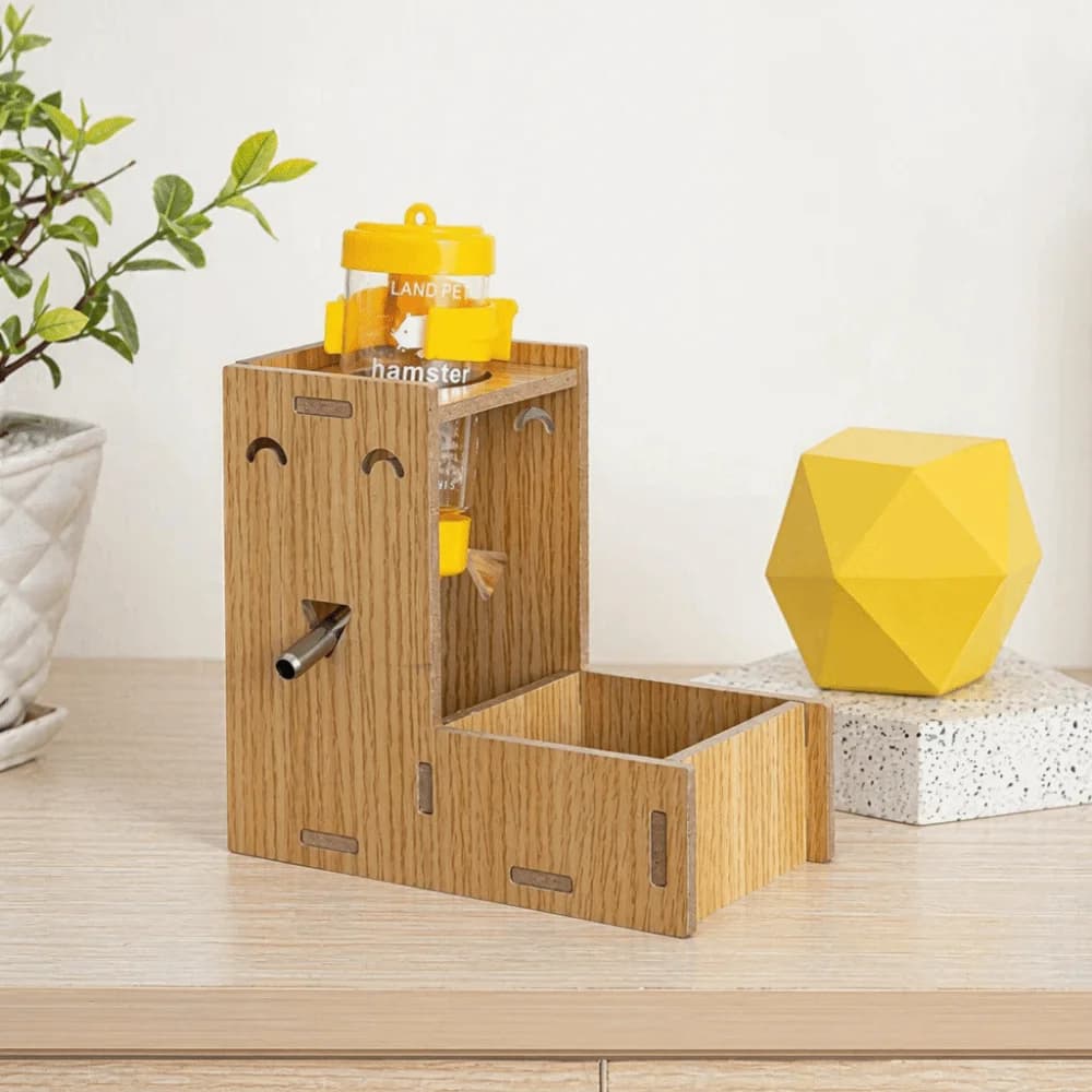Heavy-Duty Hamster Water Drinker with Food Bowl 80/125ml Roller Water Drinker Solid Wood Bite-Resistant Pet Cage Feeder