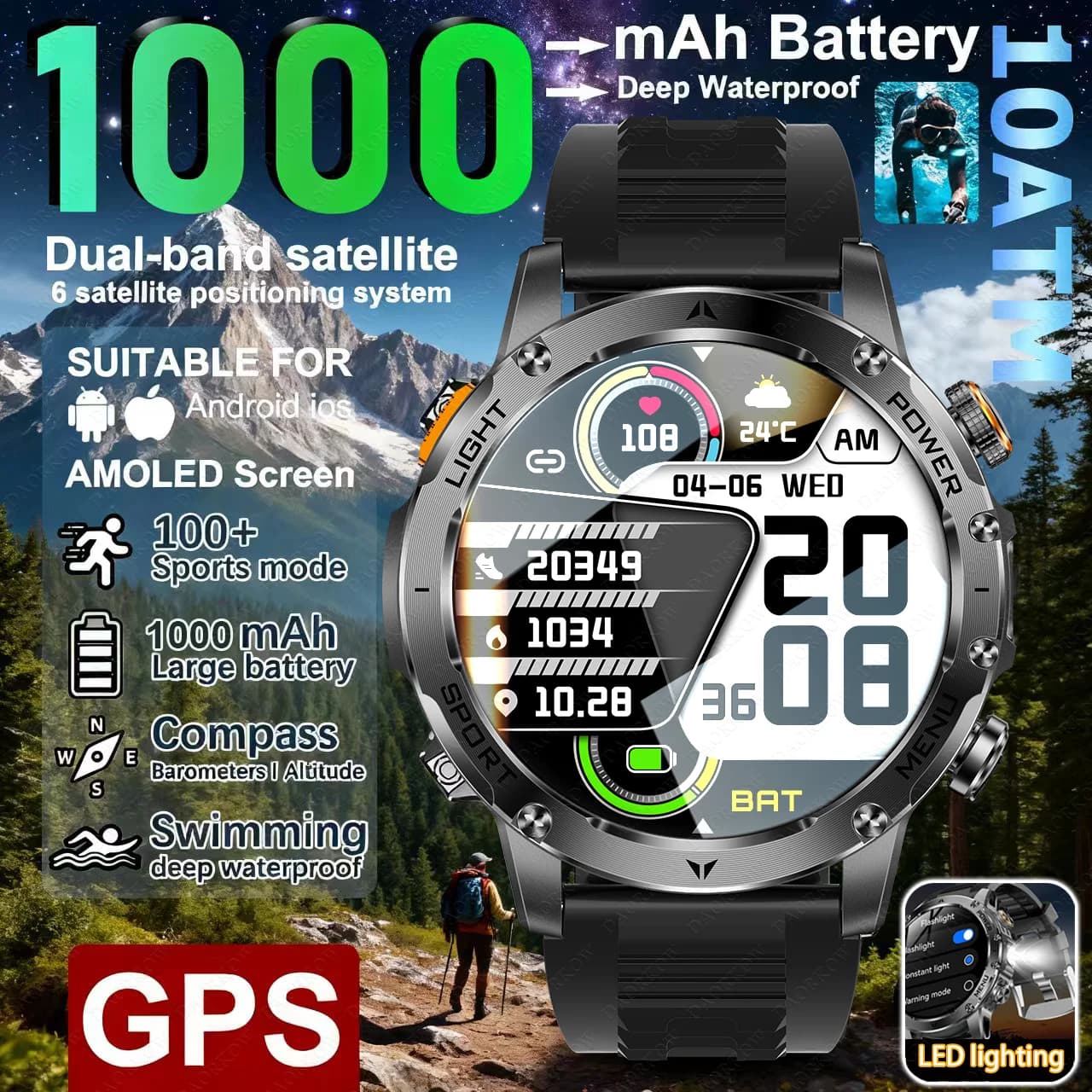 DAORKOW2025 nuovo smartwatch da uomo, batteria da 1000 mAh, chiamata Bluetooth da 1,7 pollici, oltre 100 modalità sportiva, luce LED, resistenza all'acqua IP68